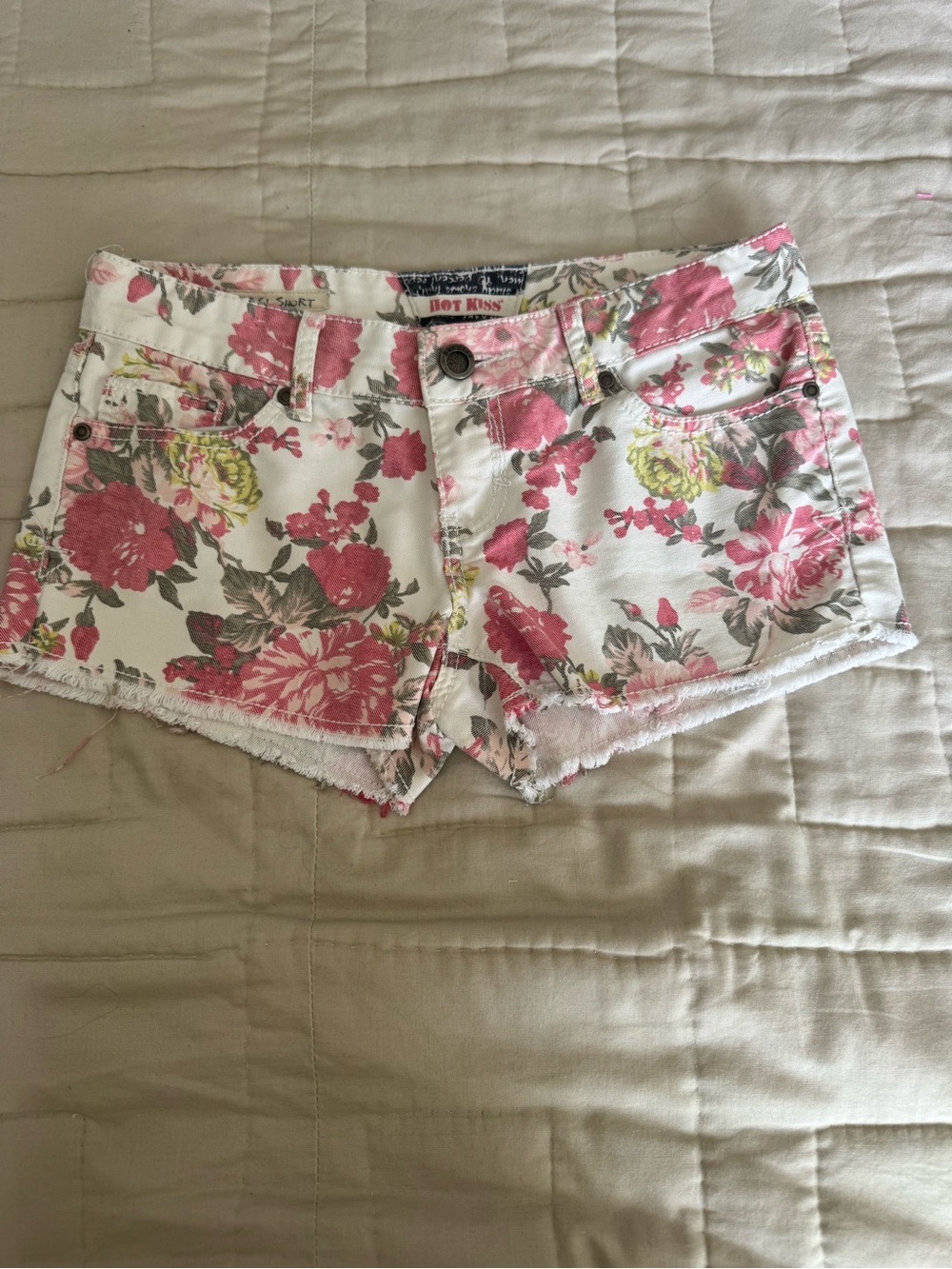 Hot Kiss White Denim Shorts with Pink Floral Print